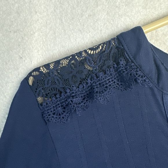 NY Collection Blouse Women P Large Blue 1/4 Button Up Mesh Insert Long Sleeve - Picture 6 of 11